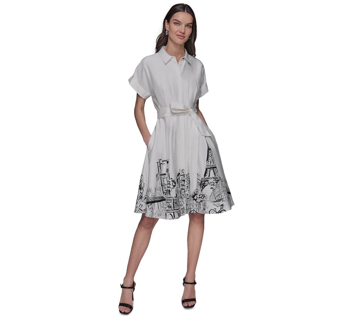 Women's Tie-Waist Paris Border Shirt Dress - Soft White Black