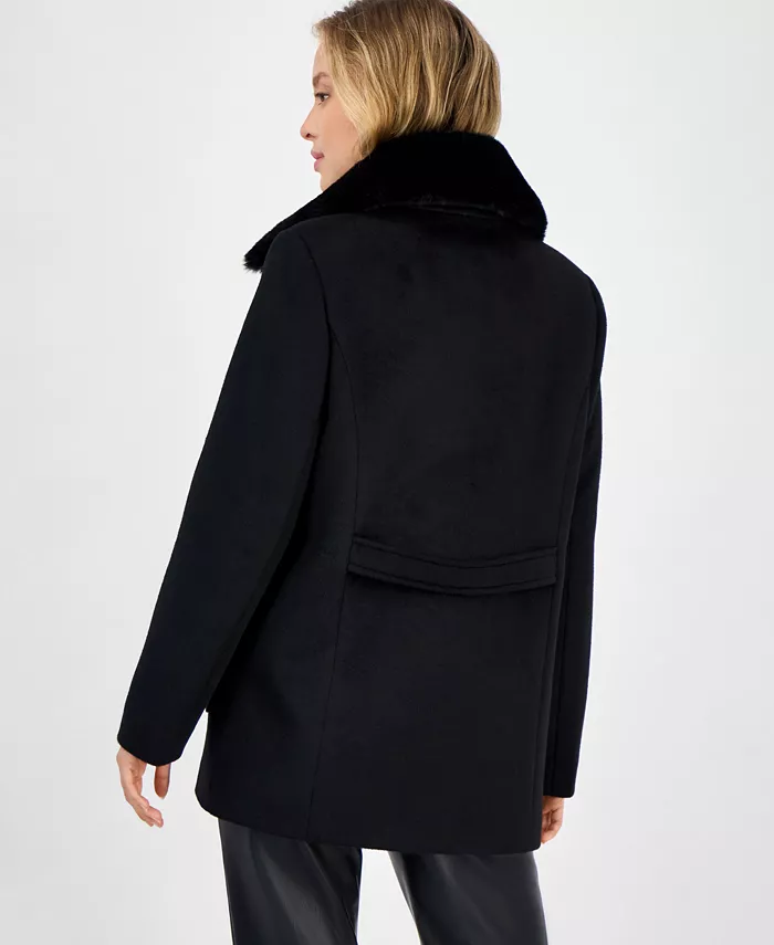 Women's Double-Breasted Faux Fur Collar Coat - thumbnail 2