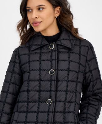 Women's Long Boucl&eacute; Windowpane Quilted Coat