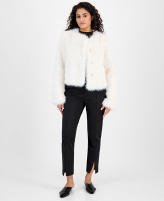 CeCe - Women's Collarless Short Faux-Fur Coat