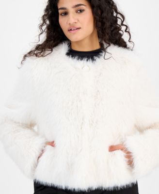 Women's Collarless Short Faux-Fur Coat