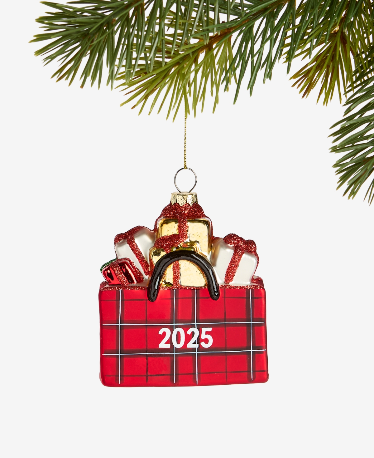 Holiday Lane Macy's Glass Plaid Gift Bag Ornament, Macy's Exclusive In Red