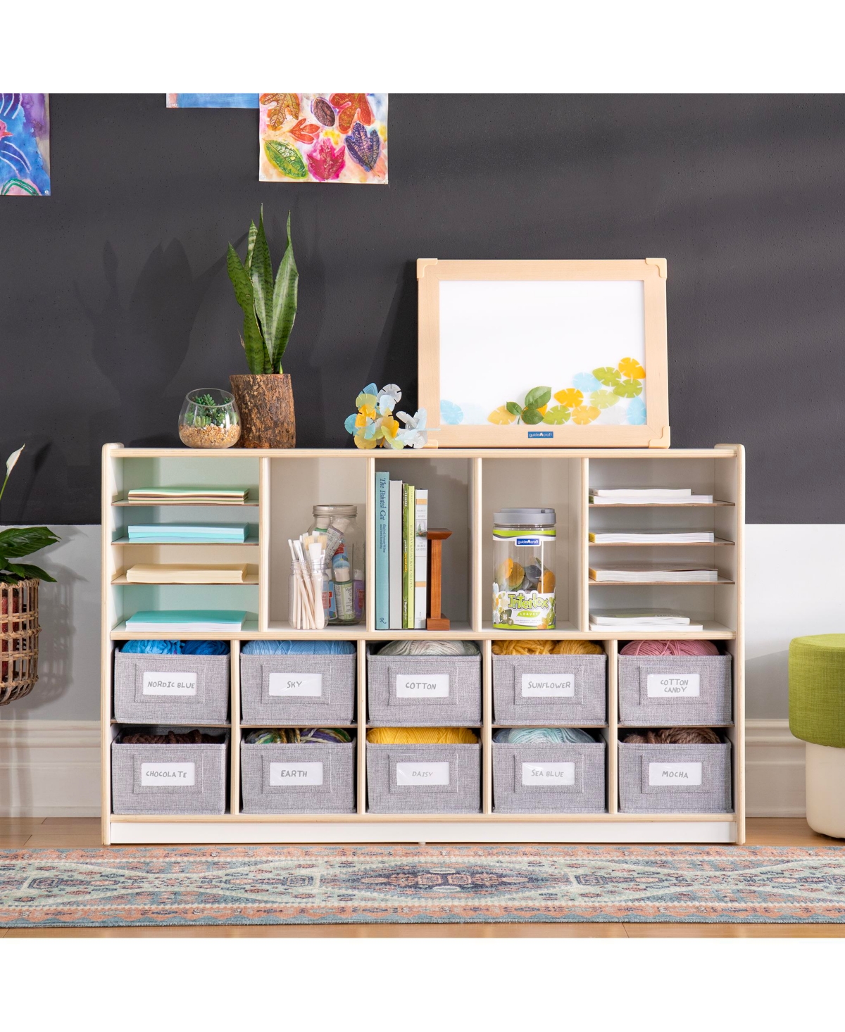 Guidecraft EdQ Shelves and 10 Bin Storage Unit 30" Natural: Wooden Bookcase with Compartments for Kids' Toys Books Playroom