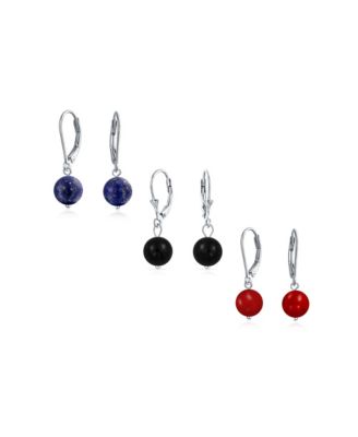 Set of 3 Sterling Silver Drop Earrings with Natural Stones Balls 8MM