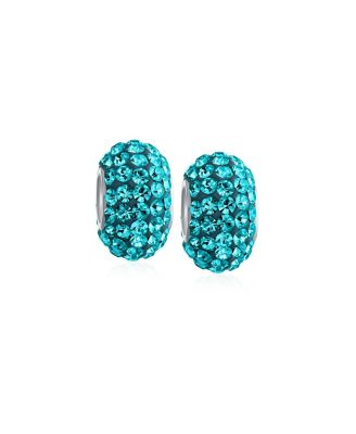 .925 Sterling Silver Solid Light Blue Crystal Spacer Charm Bead Core for Bracelet (Set of 2)