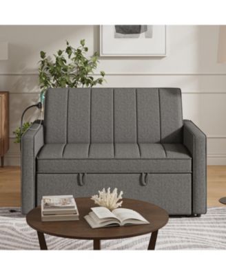 Duncan Modern Upholstered Linen Channel Tufted Sleeper Sofa with Built-In USB Port