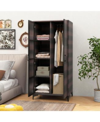 PE Rattan Wicker Wardrobe with 2 Doors and Hanging Rod – Elegant Storage Cabinet for Bedroom or Closet