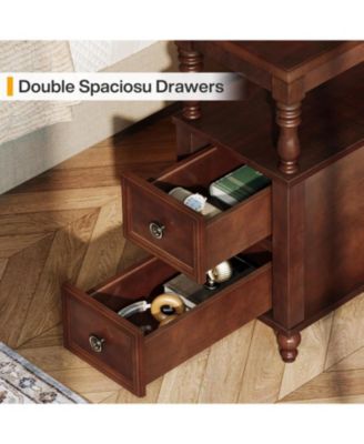 Solid Wood Nightstand with 2 Drawers, Mid-Century Modern Night Stand with Open Shelf, Vintage Bedside Table for Bedroom, Easy to Assemble (Dark Cherry Wood Color)