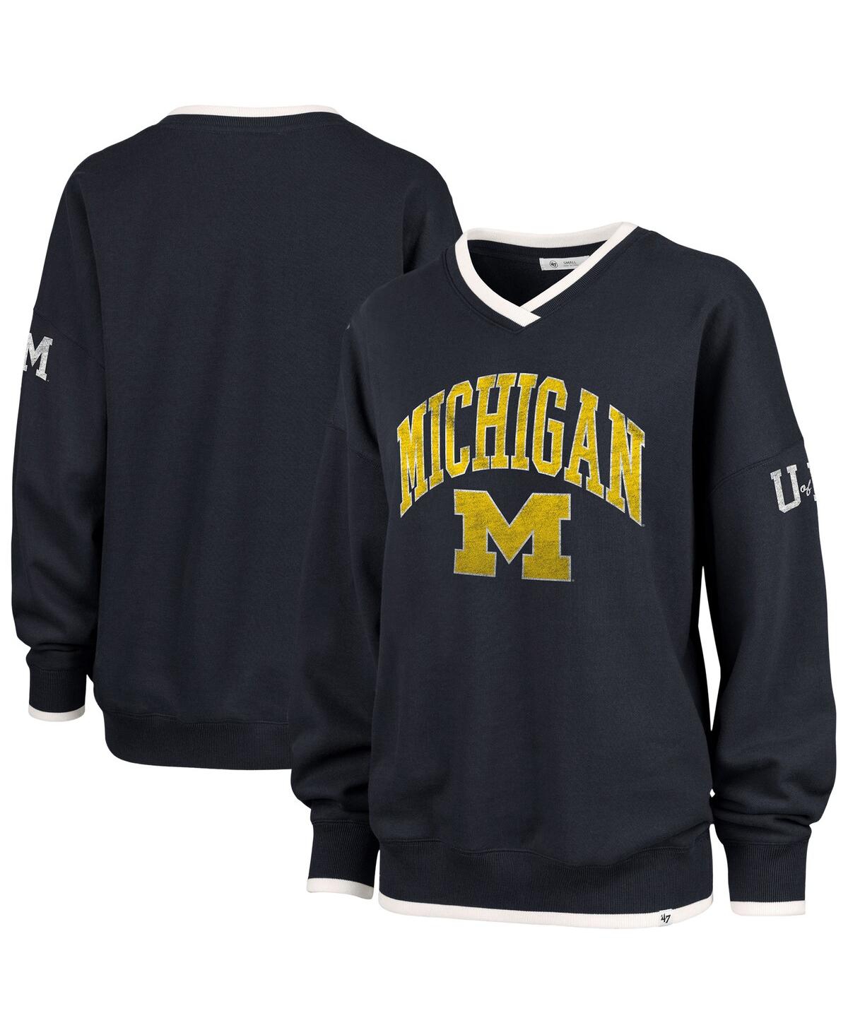 Women's Navy Michigan Wolverines Clubhouse Daze Eighty V-neck Pullover Sweatshirt - Navy