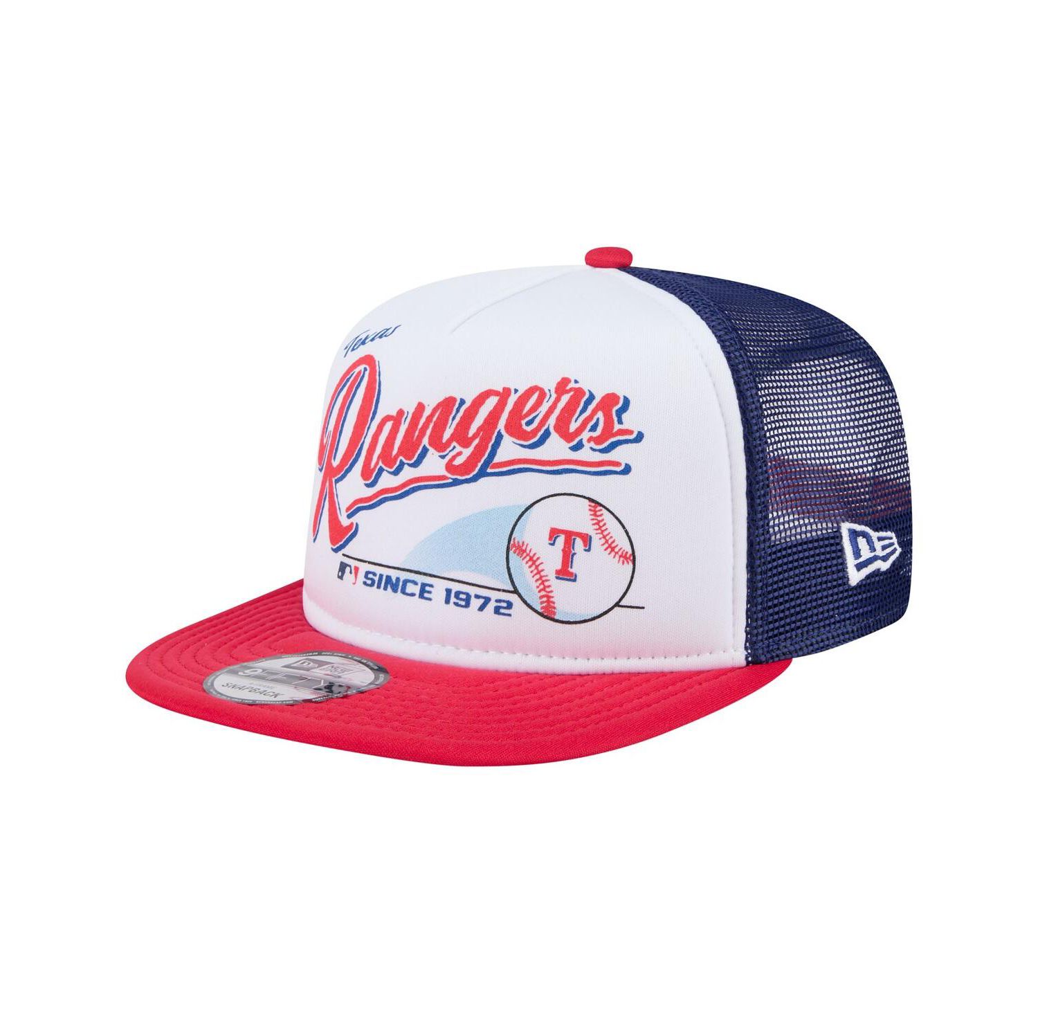 Men's White/Red Texas Rangers Retro Script Trucker 9FIFTY Snapback Hat