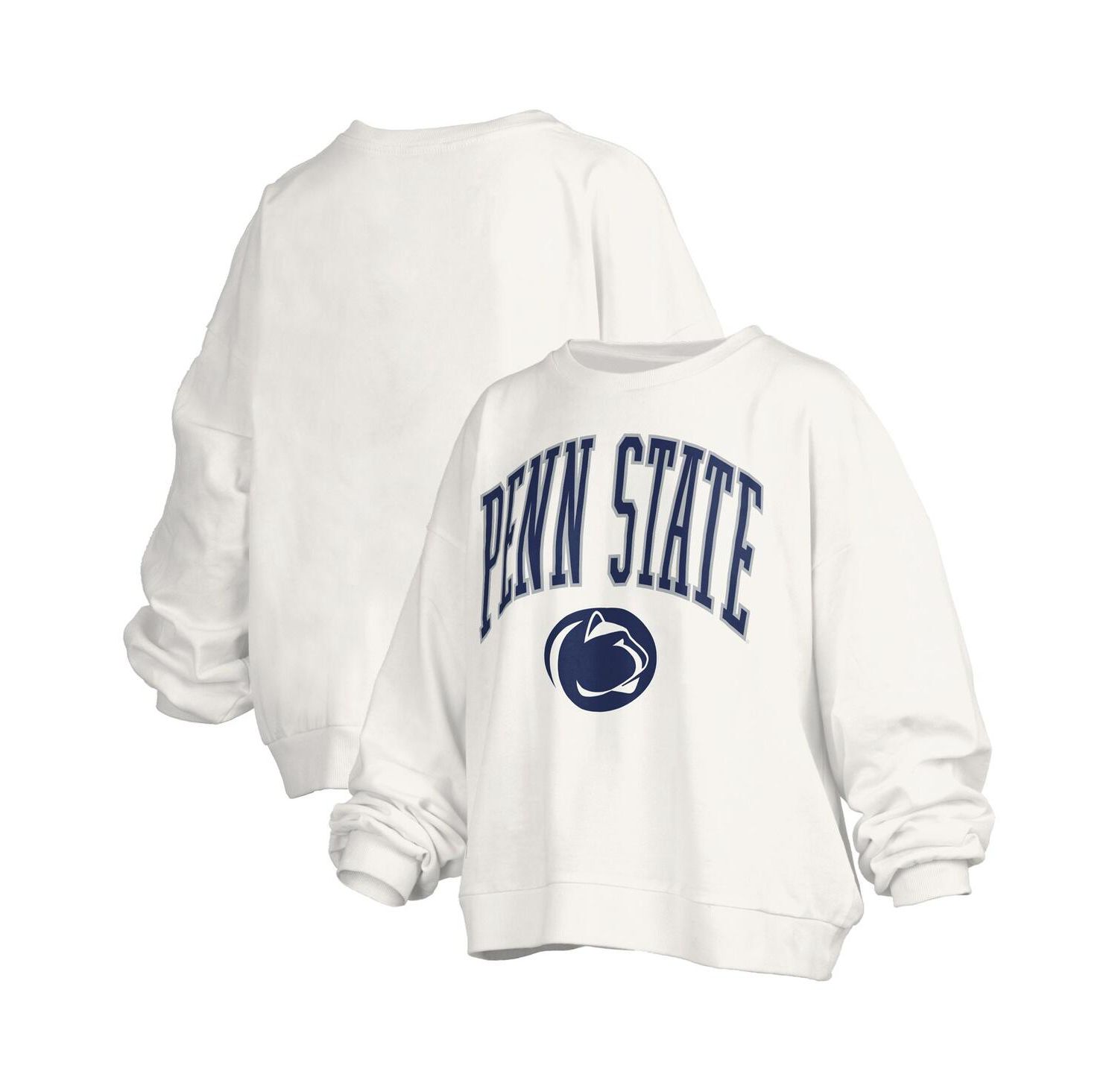 Women's White Penn State Nittany Lions Janise Arch Over Logo Waist Length Oversized Pullover Sweatshirt