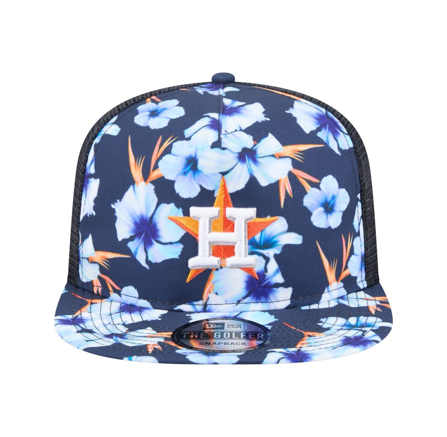 Men's Navy Houston Astros Adventure Pattern Golfer Trucker Snapback Hat