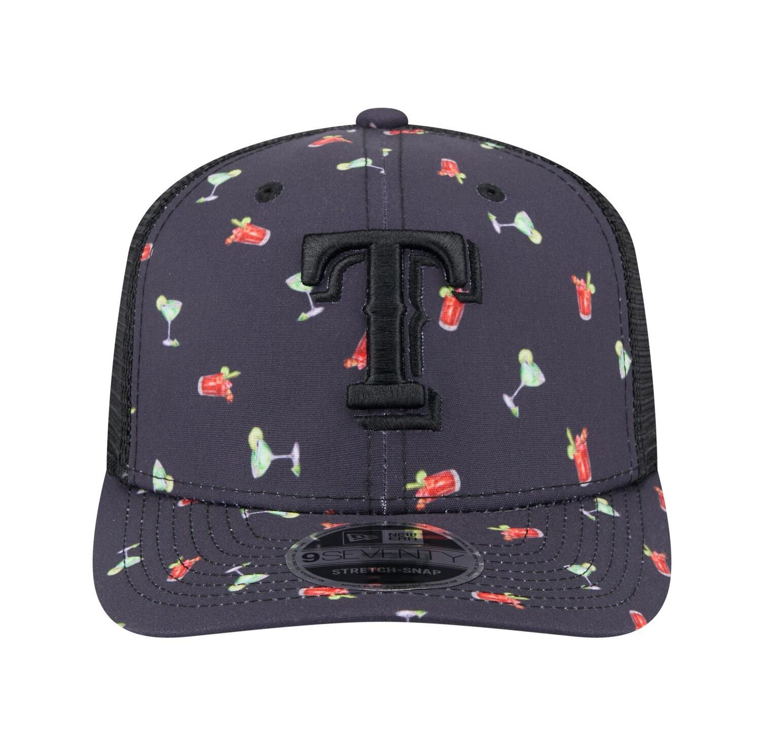 Men's Black Texas Rangers Adventure Drinks Pattern 9SEVENTY Stretch-Snap Hat