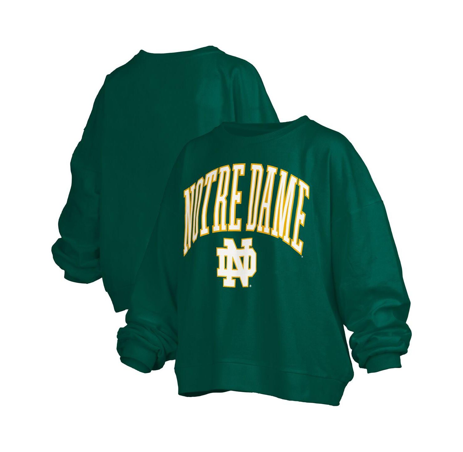 Women's Green Notre Dame Fighting Irish Janise Arch Over Logo Waist Length Oversized Pullover Sweatshirt