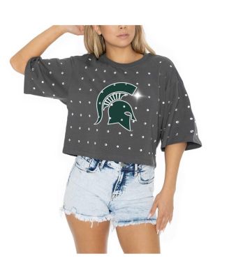 Women's Gray Michigan State Spartans Go Time Rhinestone Crop T-Shirt