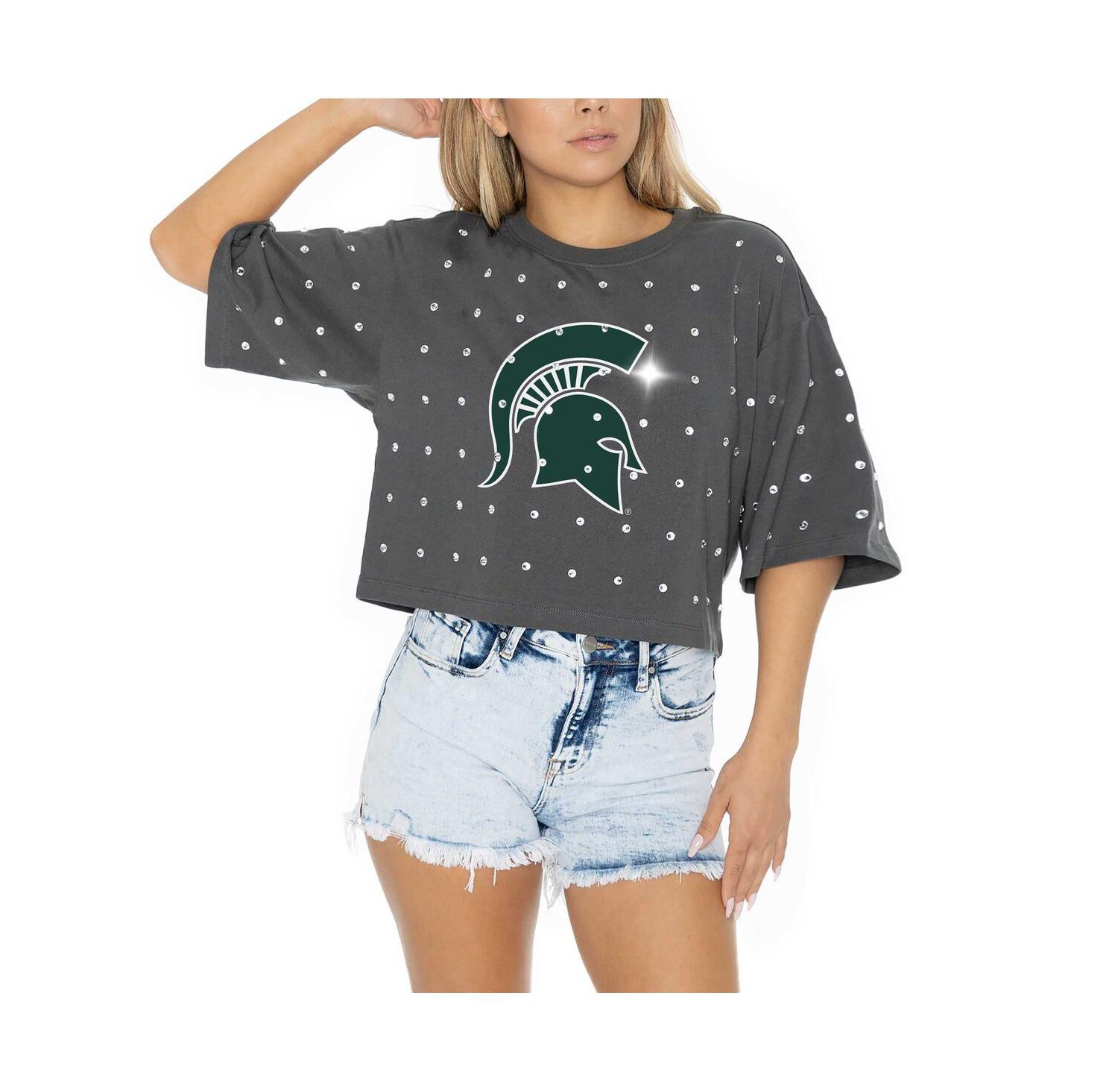 Women's Gray Michigan State Spartans Go Time Rhinestone Crop T-Shirt