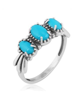 Sterling Silver Sleeping Beauty Turquoise 3-Stone Fan Ring, Size 8