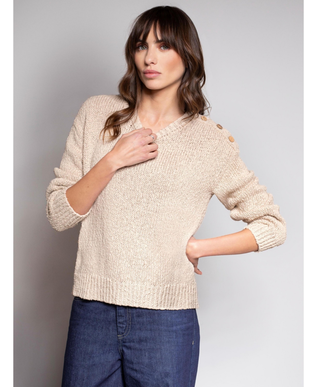 Women's Slub Knit Button Detail Sweater - Oatmeal