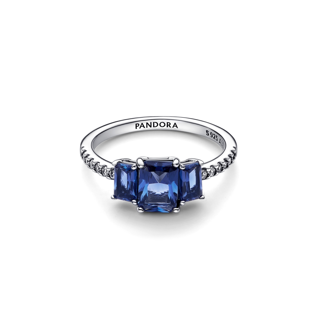 Pandora Blue Rectangular Three Stone Sparkling Ring In Sterling Silver