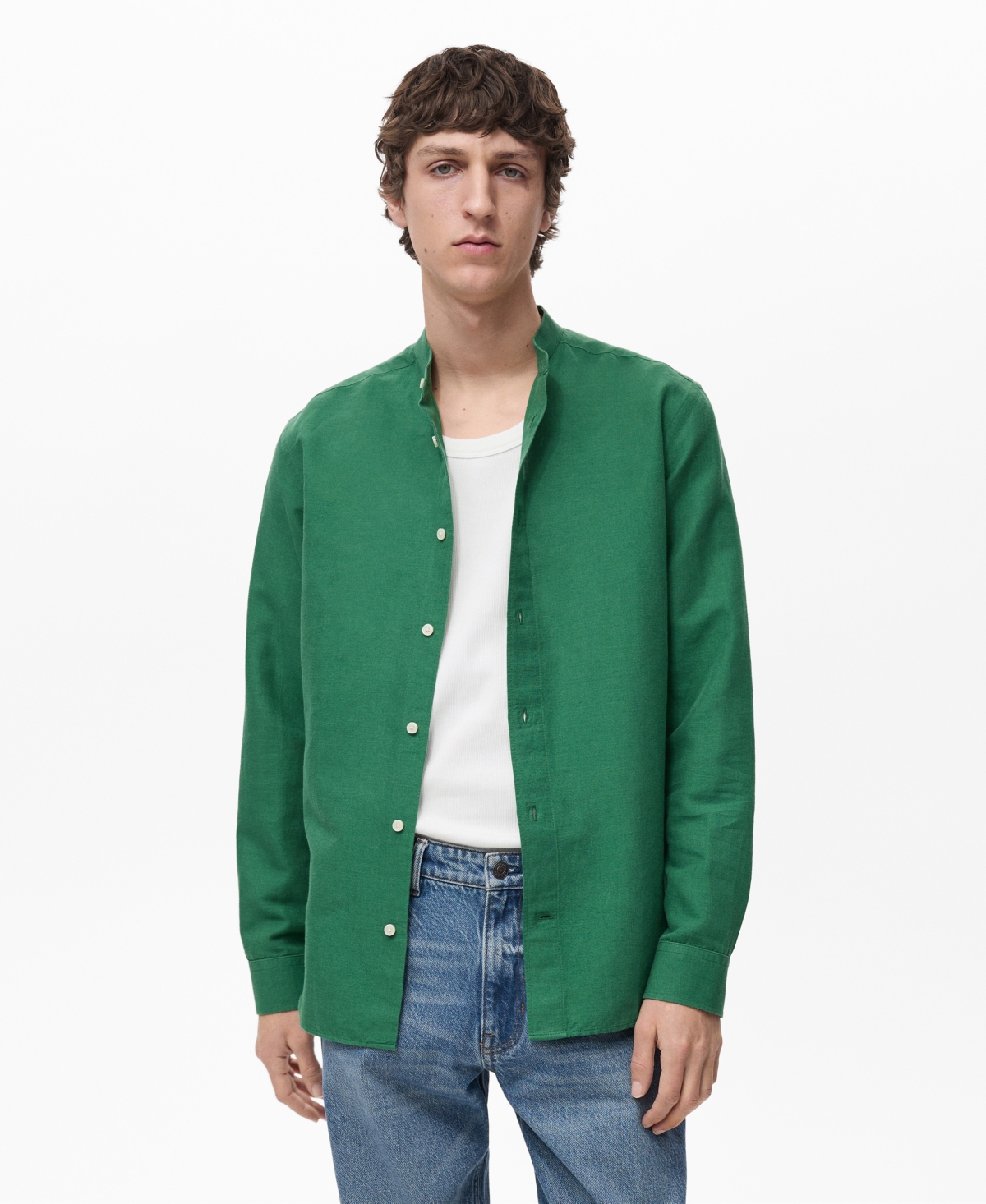 Mango Band Collar Linen Blend Button-up Shirt In Green