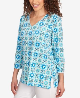 Petite Medallion Tile Floral Faux Surplice Top