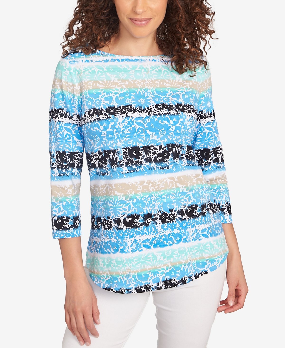Petite Watercolor Floral Stripe Top - Lagoon Multi