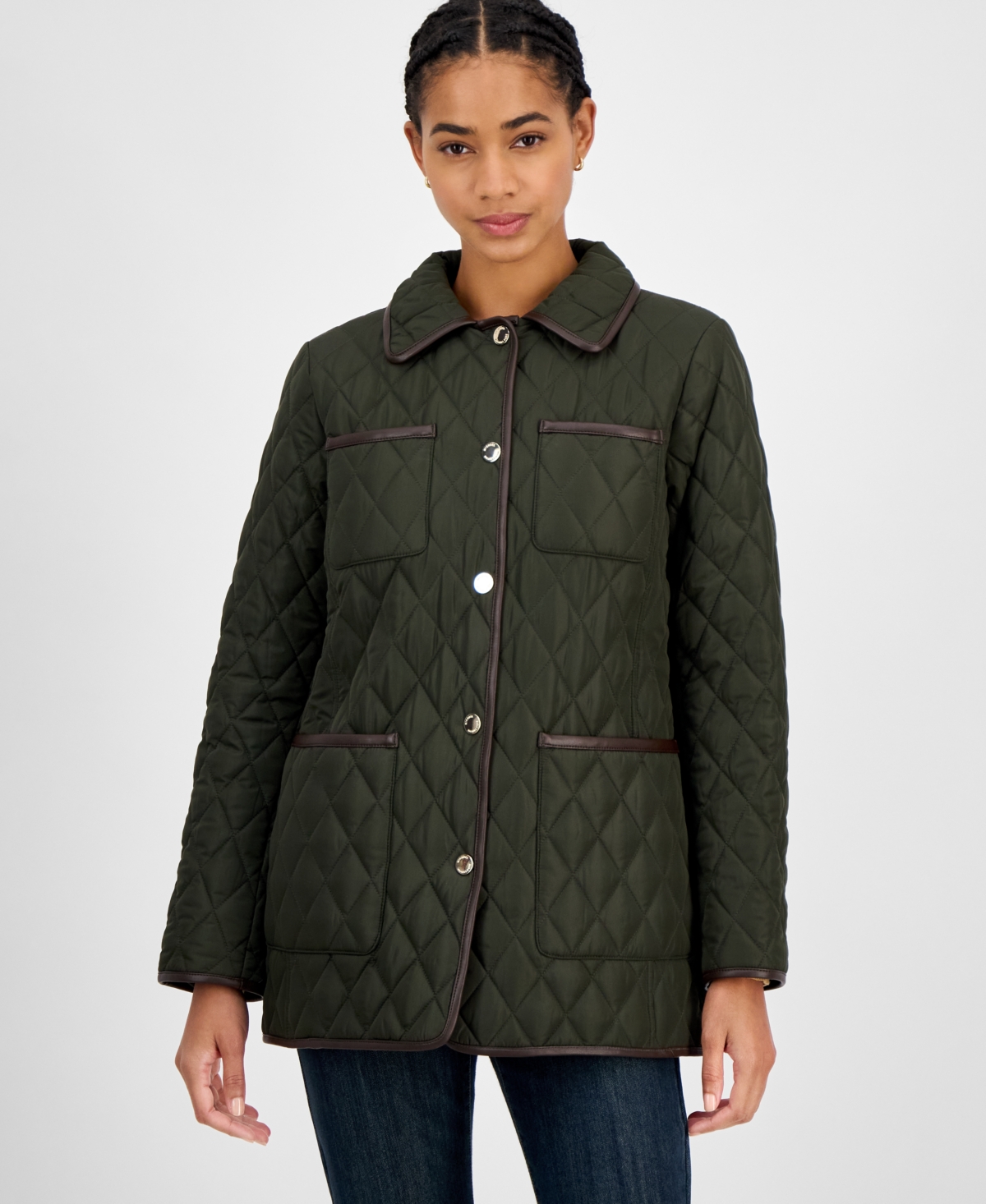 Michael Kors Michael  Women's Faux-leather-trim Quilted Coat, Exclusively At Macy's In Green