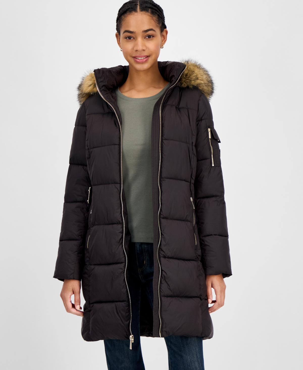 Michael Kors Michael  Women's Belted Hooded Faux-fur-trim Puffer Coat, Exclusively At Macy's In Black