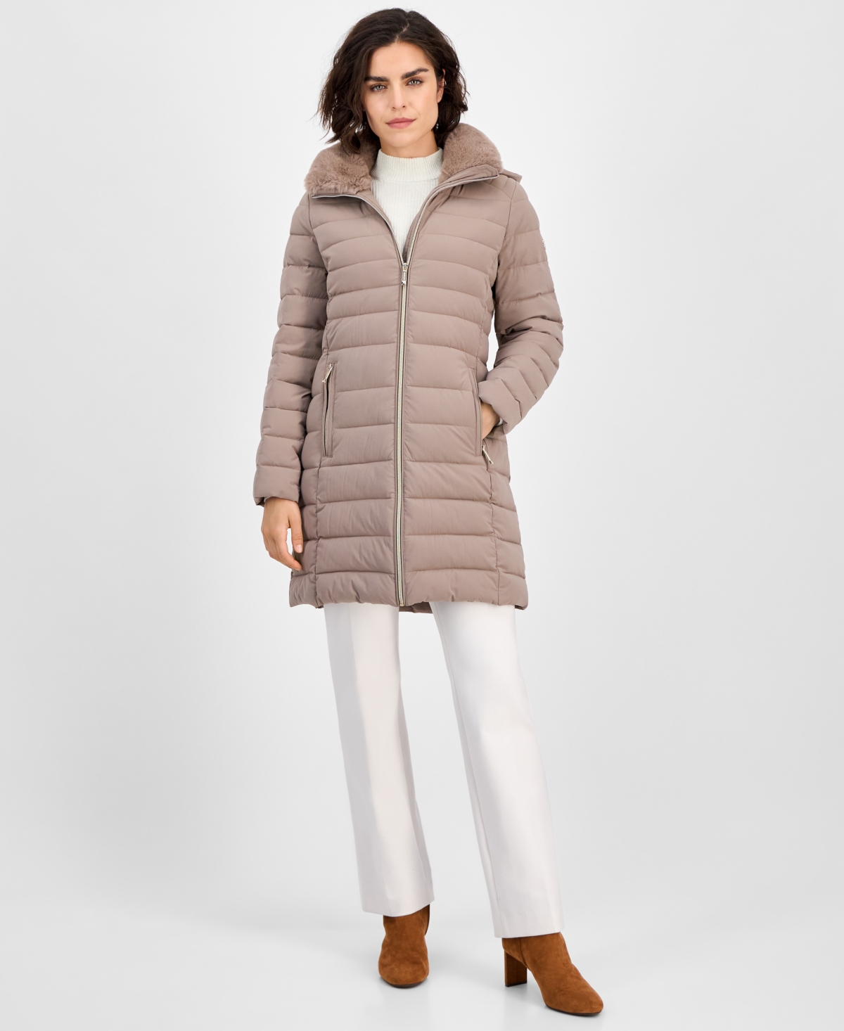 Michael Kors Michael  Women's Faux-fur-collar Hooded Packable Puffer Coat In Neutral