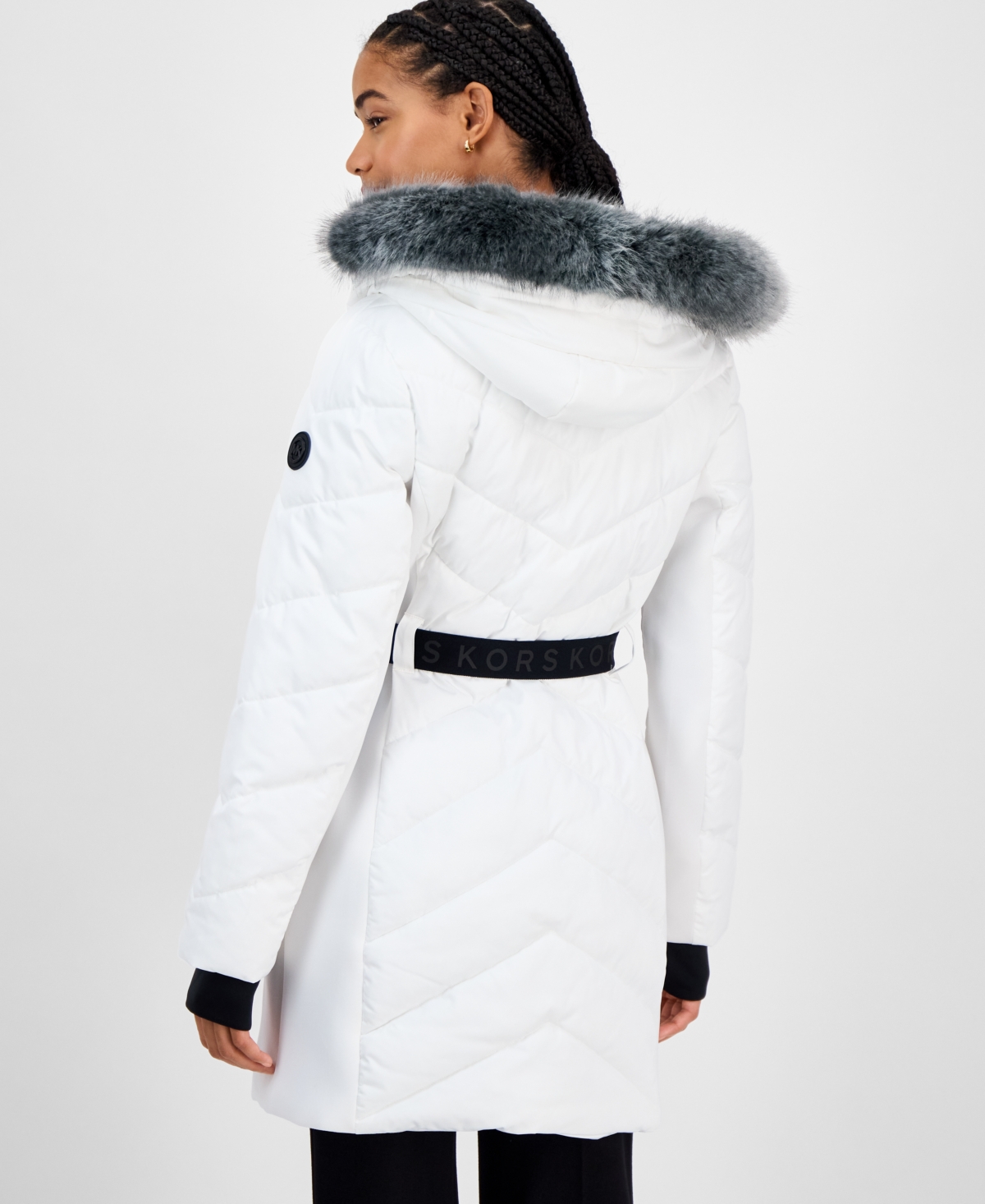 Michael Kors Michael  Women's Faux-fur-trim Hooded Belted Puffer Coat In White