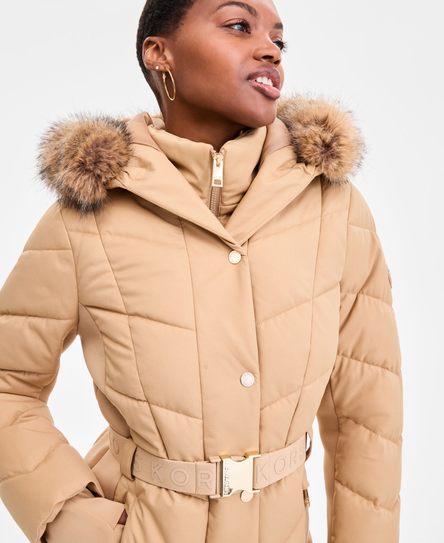 Женская куртка MICHAEL Michael Kors Women's Faux-Fur-Trim Hooded Puffer, цвет: Хаки — фото 3