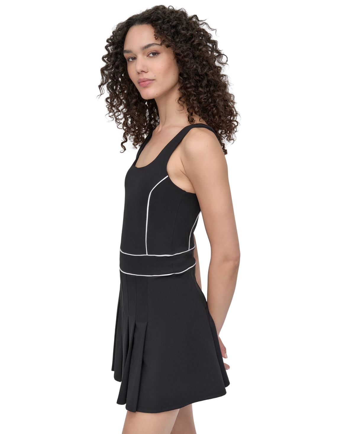Dkny Sport Women's Contrast-piping Pleated Sleeveless Dress In Black