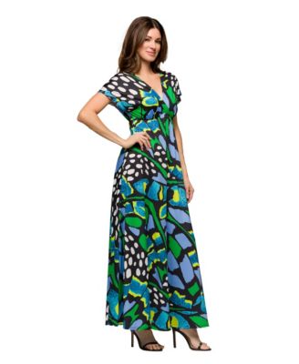 Women's V Neck Empire Waist Cap Sleeve Maxi Dress