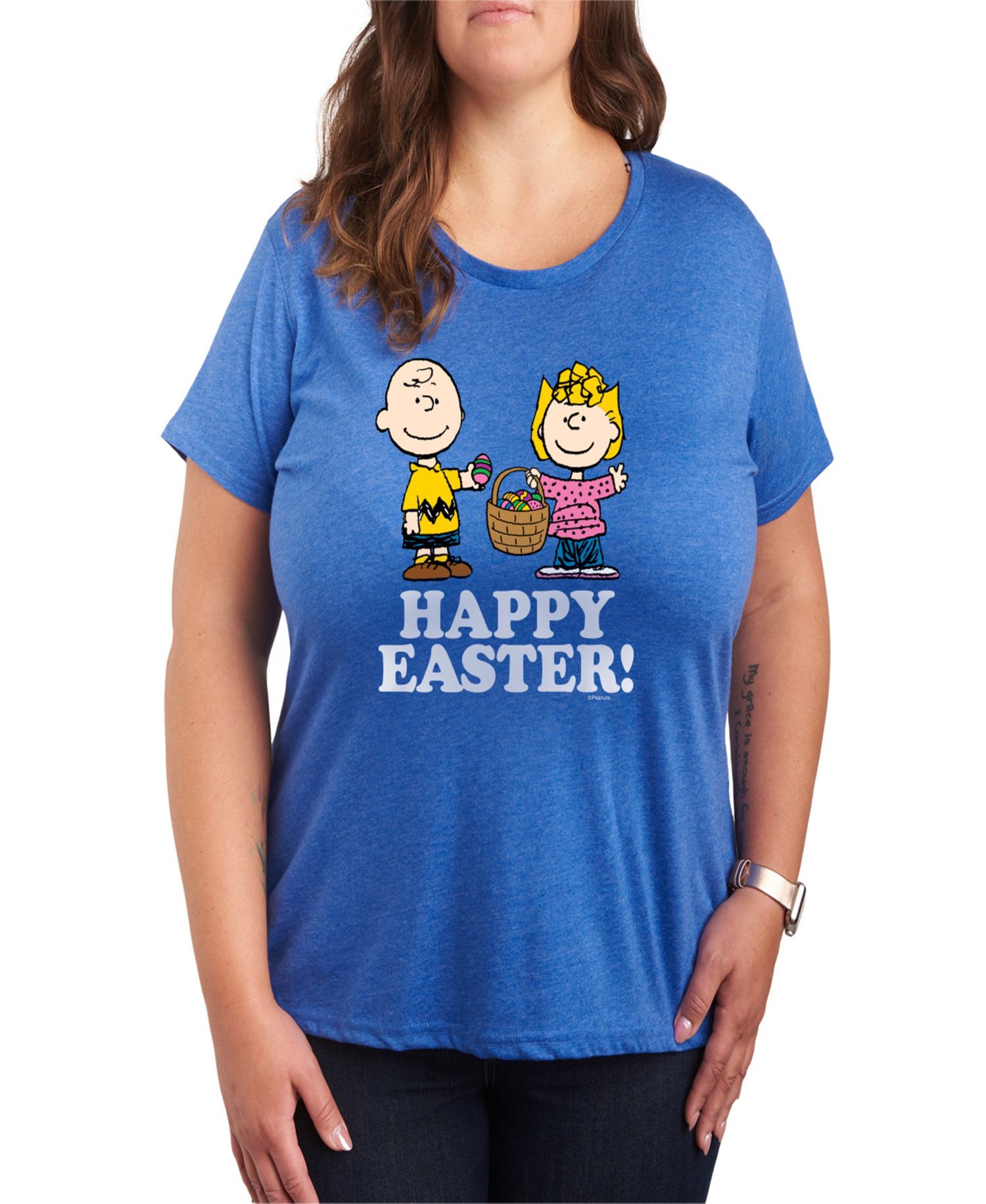 Plus Size Peanuts Happy Easter Graphic Crew Neck T-Shirt