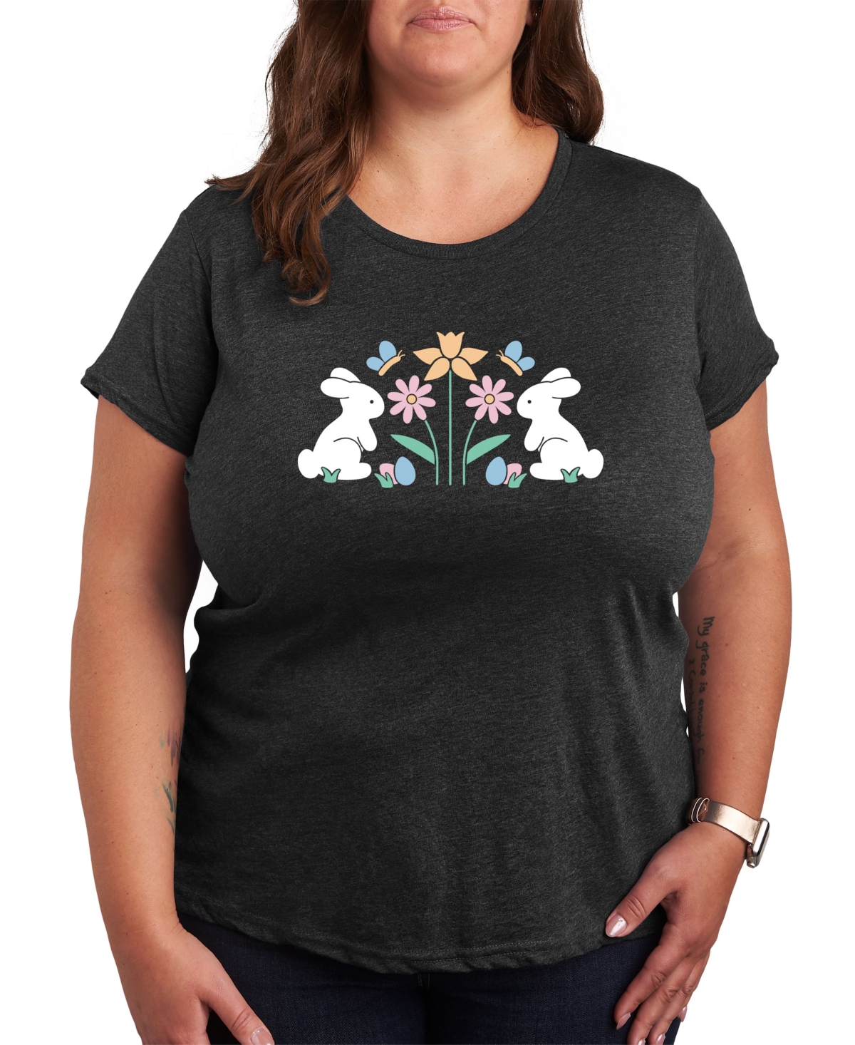 Hybrid Apparel Plus Size Bunny Easter Graphic Crew Neck T-shirt In Gray