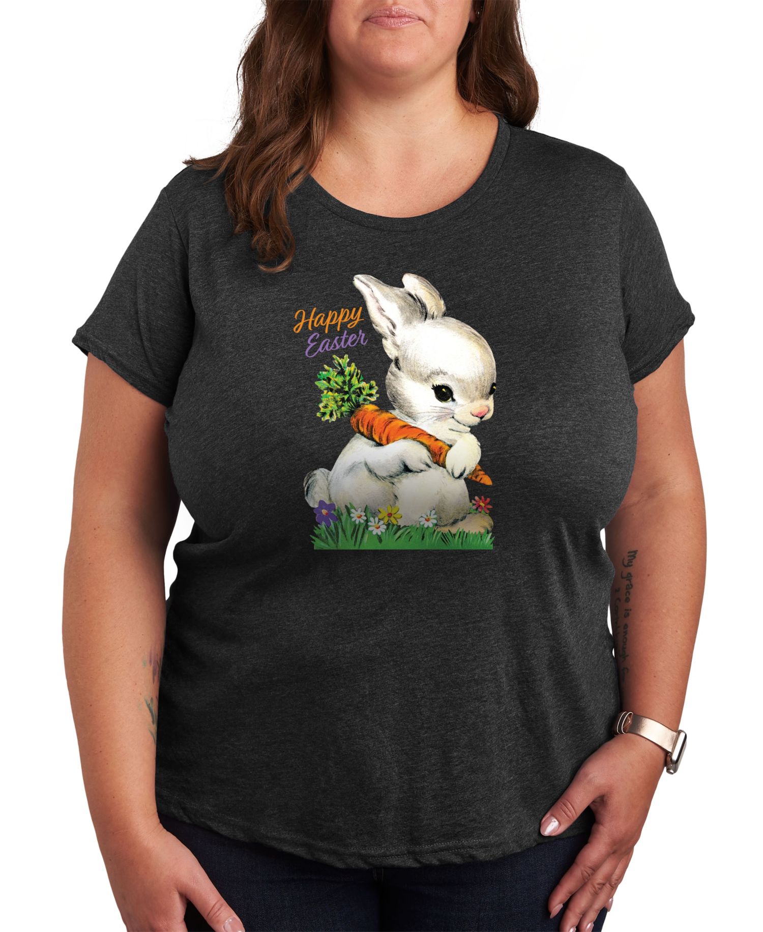 Plus Size Vintage Easter Bunny Graphic Crew Neck T-Shirt