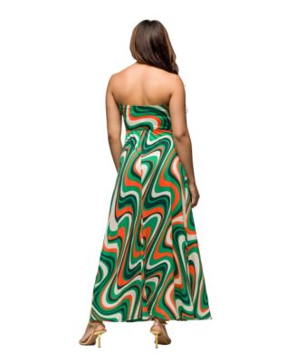 Women's Green Print A Line Strapless Maxi Dress with Pockets