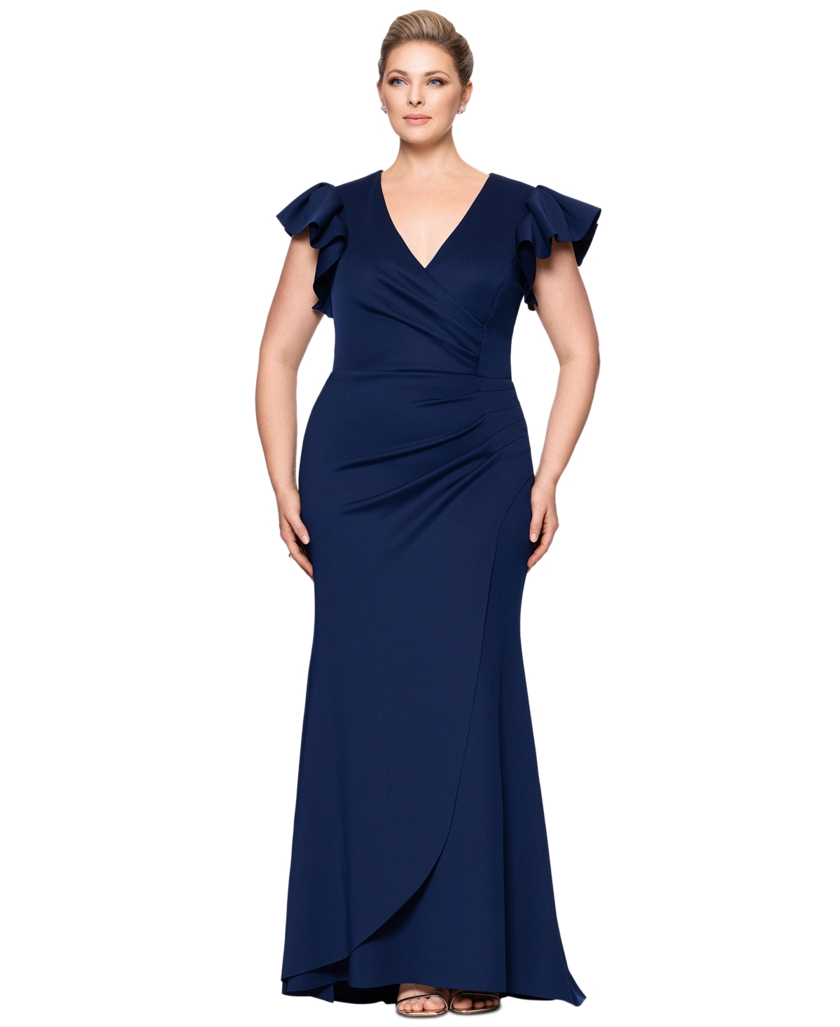Plus Size Gathered-Waist Flutter-Sleeve Evening Gown - Midnight