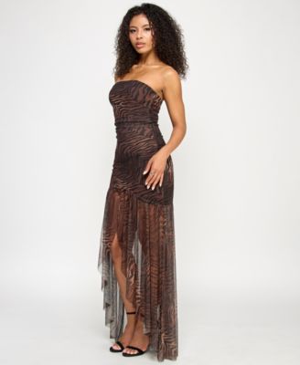 Juniors' Animal-Print Strapless Ruched Gown