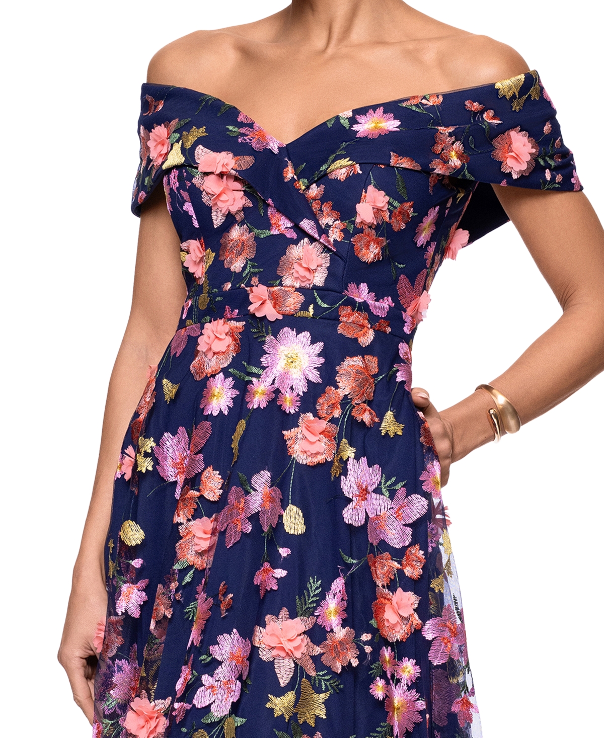 Xscape Plus Size 3d-floral Embroidered Off-the-shoulder Dress In Multi