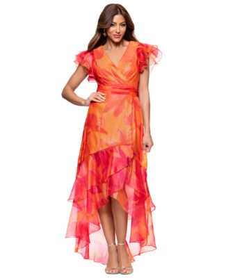 XSCAPE - Women's Printed Flutter-Sleeve Ruffle-Trim Dress