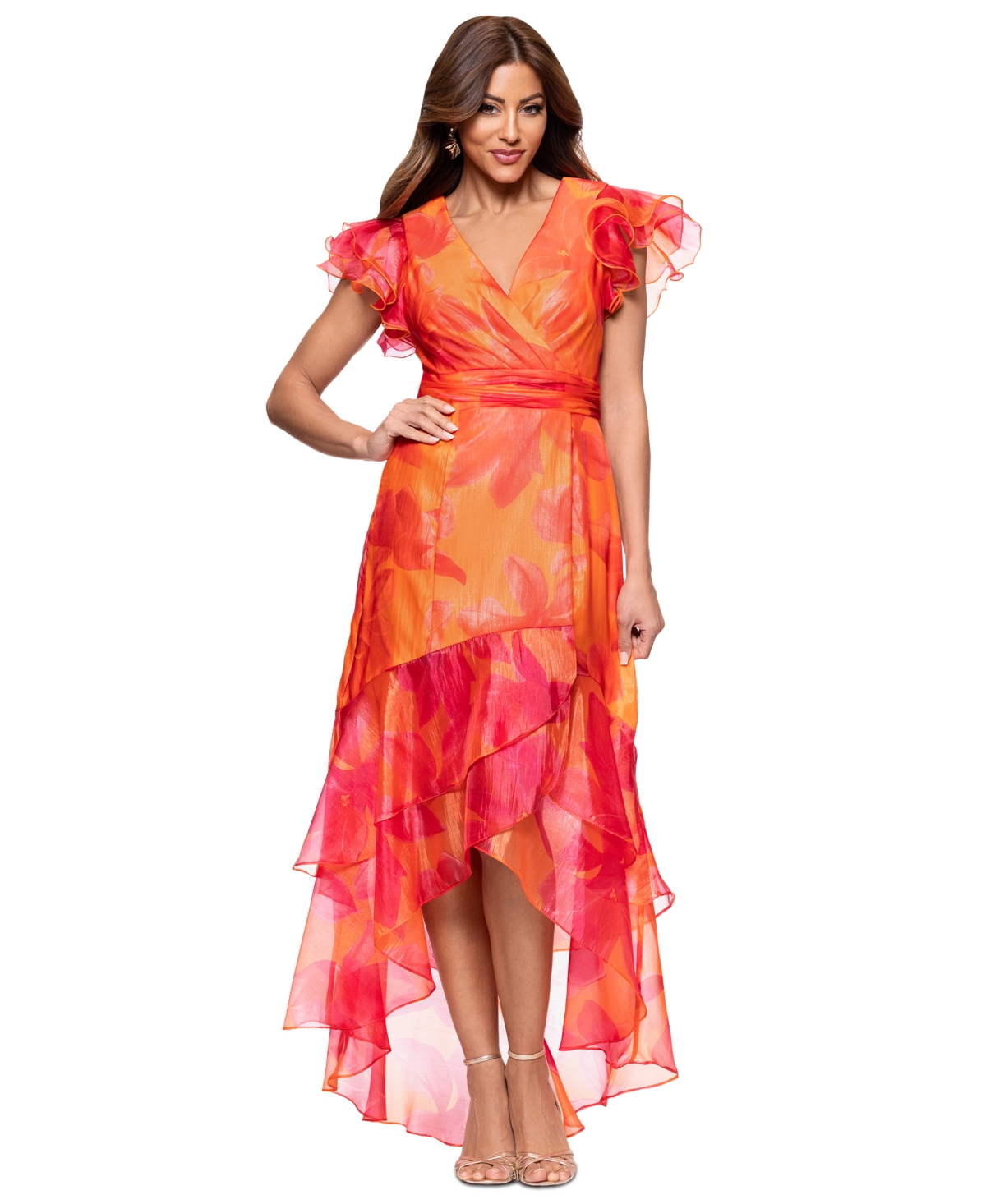 Women's Printed Flutter-Sleeve Ruffle-Trim Dress - Coral/Pink