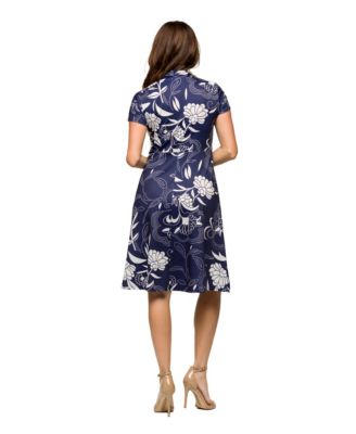 Women's Navy Print Short Sleeve Knee Length V Neck Wrap Dress