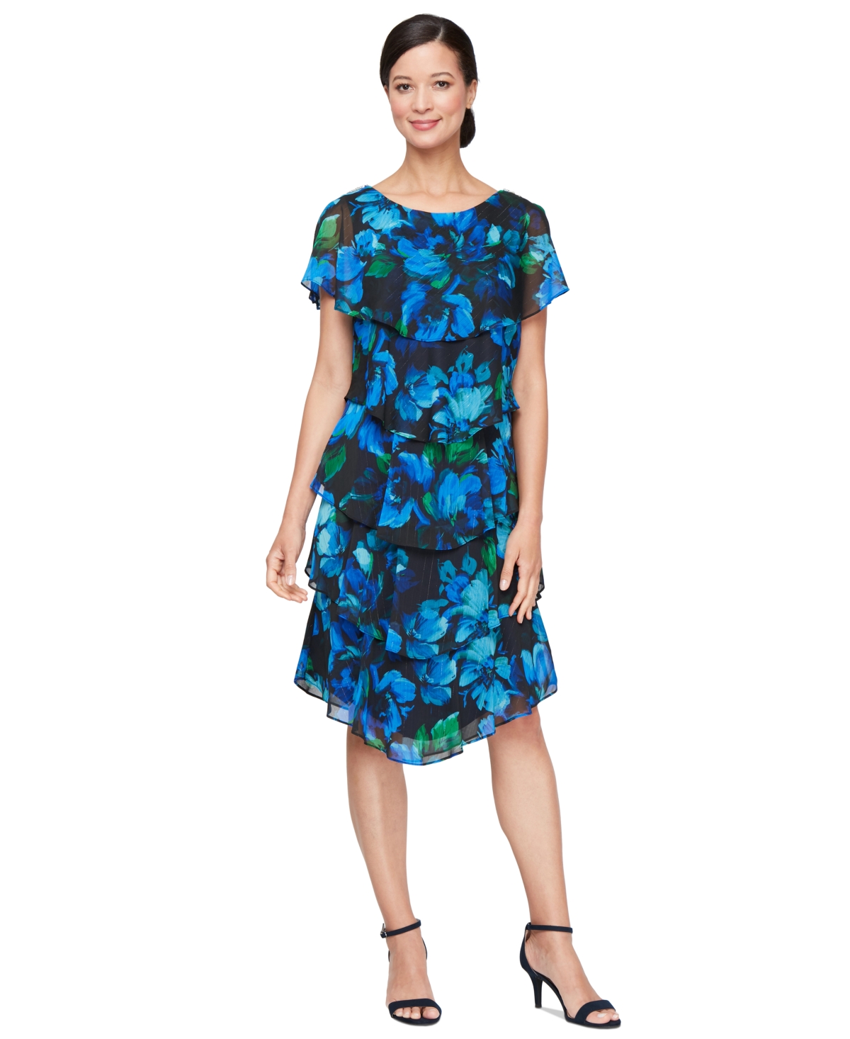 Women's Printed Tiered-Layered Chiffon Dress - Blue/multi
