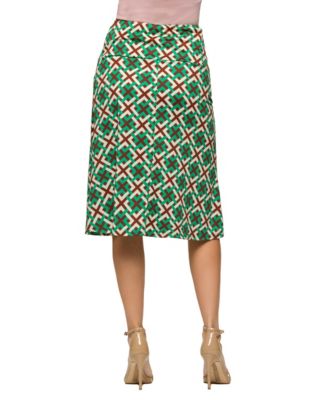 Women's Green Geometric Print Comfortable Elastic Waist Knee Length Skirt