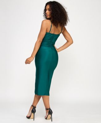 Juniors' Straight-Neck Ruched Satin Midi with Side Slit