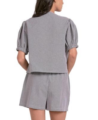 Women's Gingham Tie-Front Puff-Sleeve Top