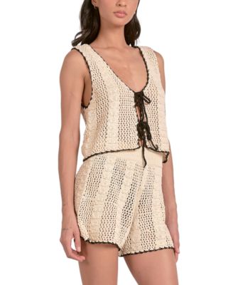 Shop Elan Womens Crochet Tipped Tie Front Vest Crochet Tipped High Waisted Pull On Shorts