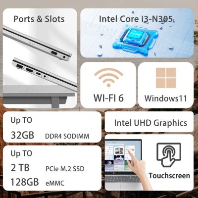 Essential 17.3" HD+ Touch Laptop, i3-N305, UHD Graphics, 4GB DDR4, 128GB eMMC, Wi-Fi 6, Windows 11 Home, Silver