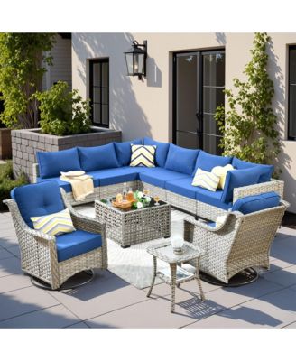 10 Piece Outdoor Rattan Patio Set with Swivel Rocker Chairs, Modular Sectional & Solar Coffee Table